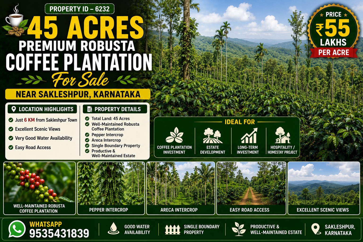🆔 *PROPERTY ID – 6232* ☕🌿 *45 Acres Premium Robusta Coffee Plantation for Sale – Sakleshpur